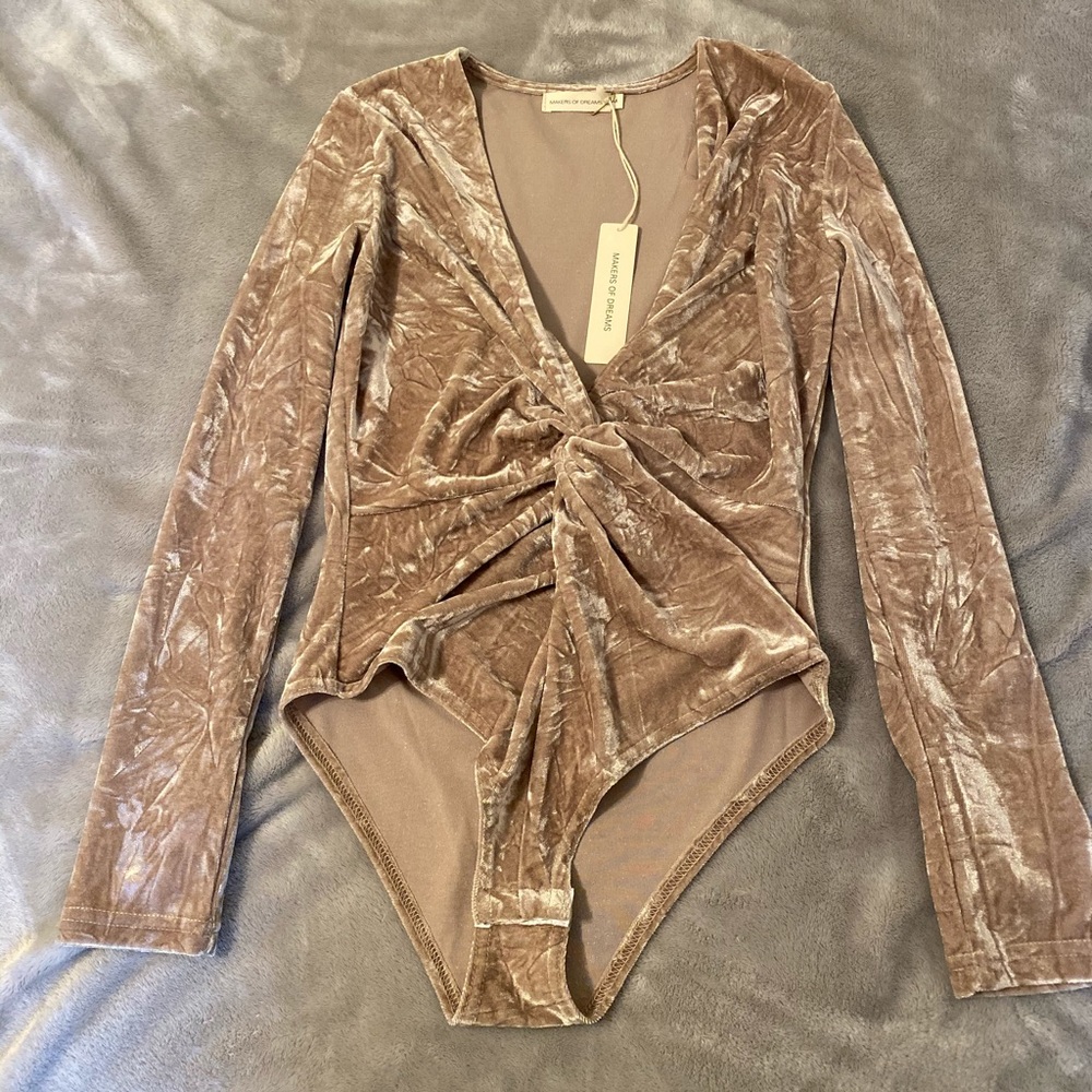 Gold Velvet Bodysuit with Deep V-neck